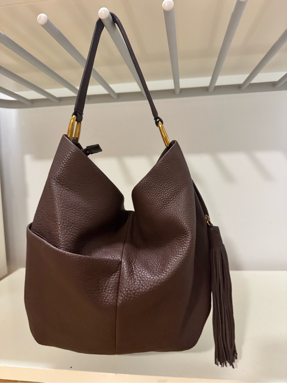 Classic Brown Leather Hobo Tote with Tassel